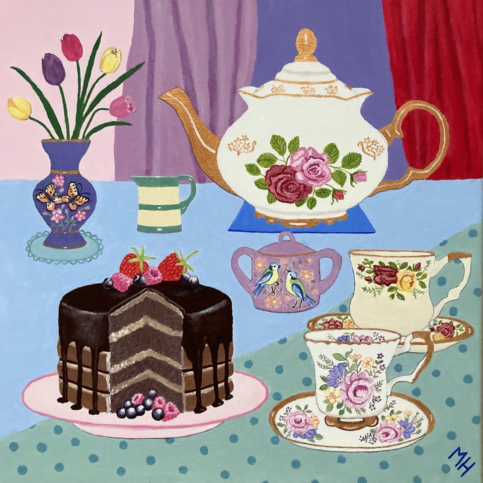 A painting of a table set with decorative teapot and tea cups, with a cake and flowers